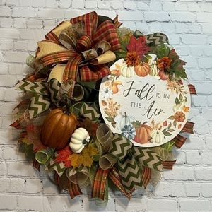 Fall Pumpkin Thanksgiving Wreath, Door Hanger Handmade with DecoMesh